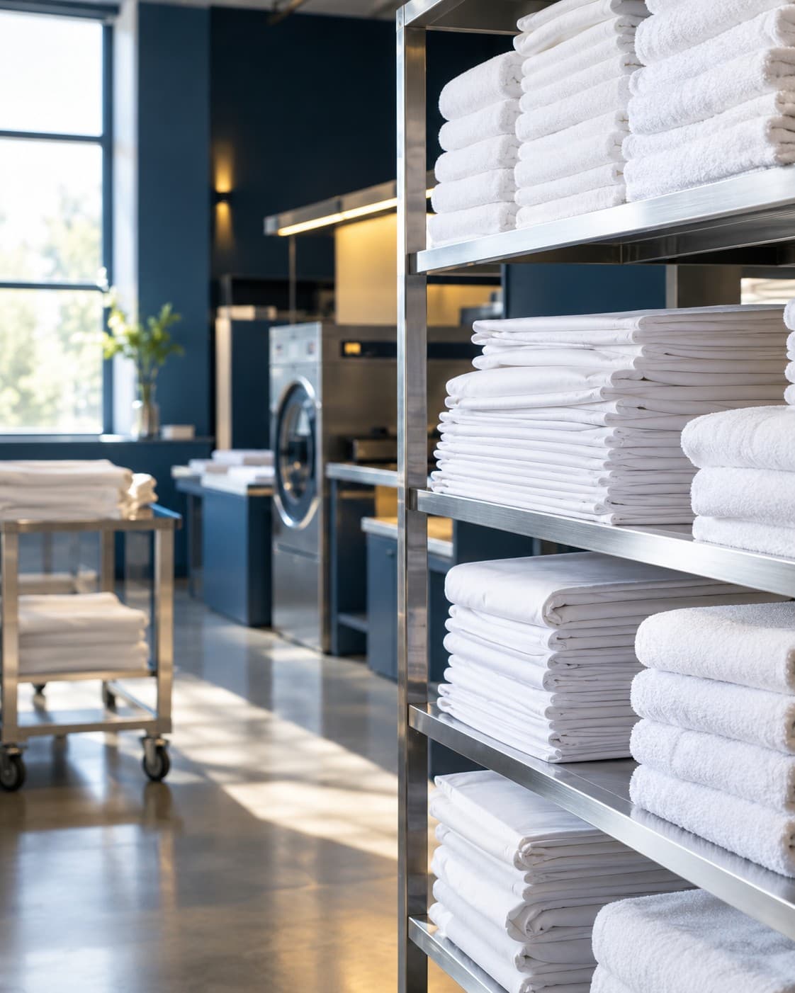 Neatly folded white institutional linen and towels stacked on steel shelving inside a clean, modern laundry facility